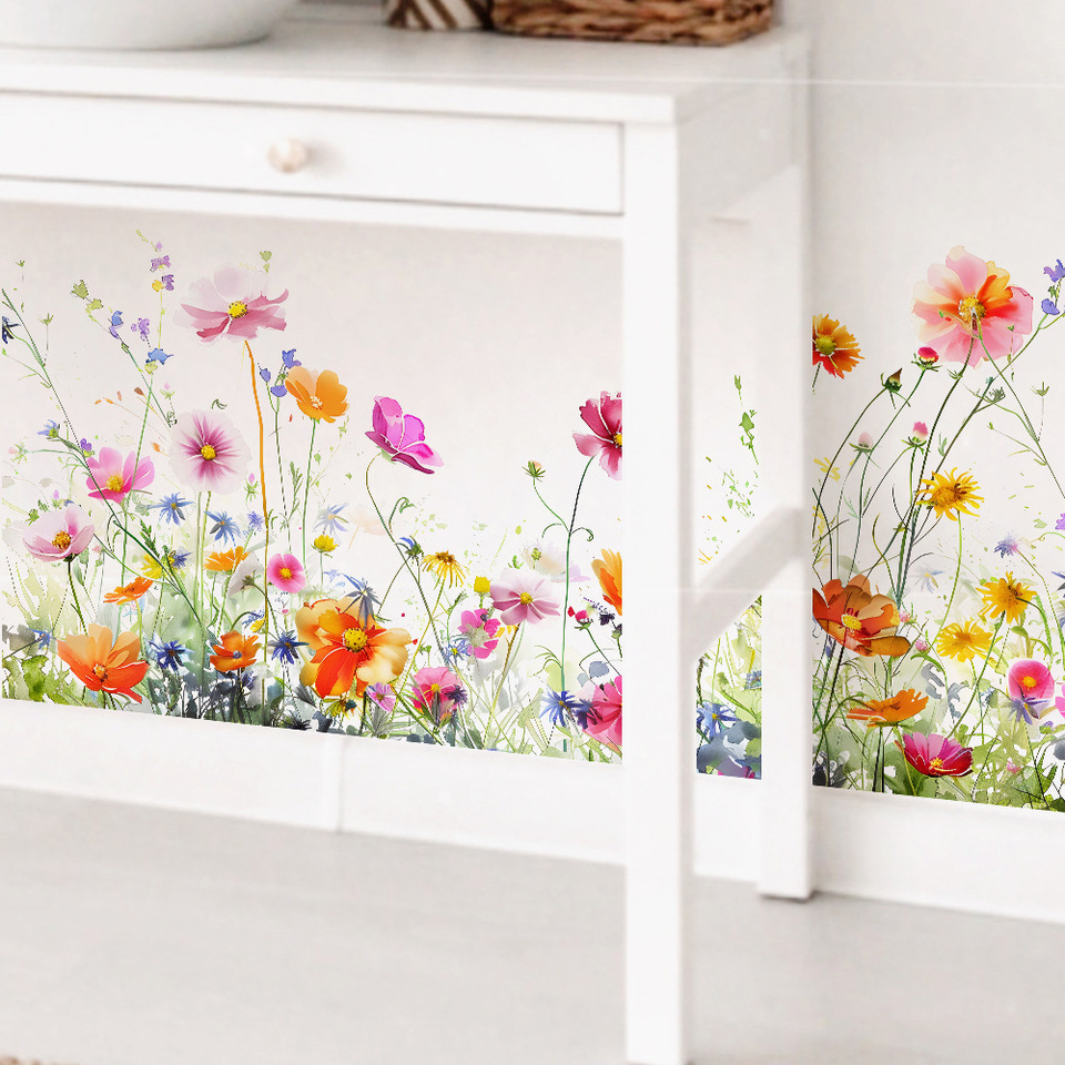 Painted Flowers Leaves Wall Sticker For Living Room Background Decoration Mural Removable Glass Window Bedroom Home Decor Decals