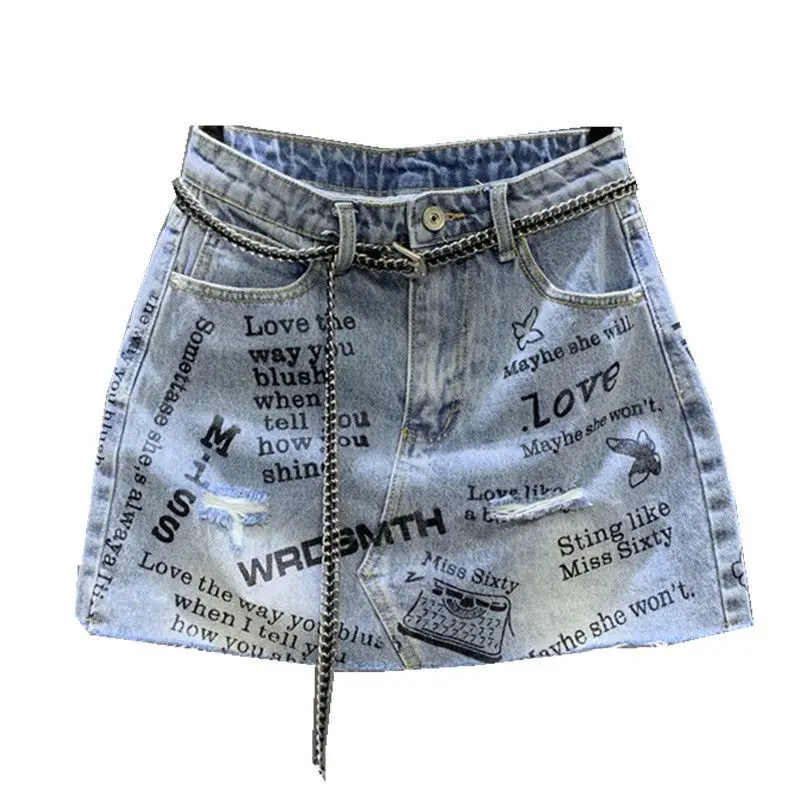 

High Street Letter Graffiti Ripped Mini Denim Skirt Women High Waist Slim Bag Hip A-Line Skirt s668