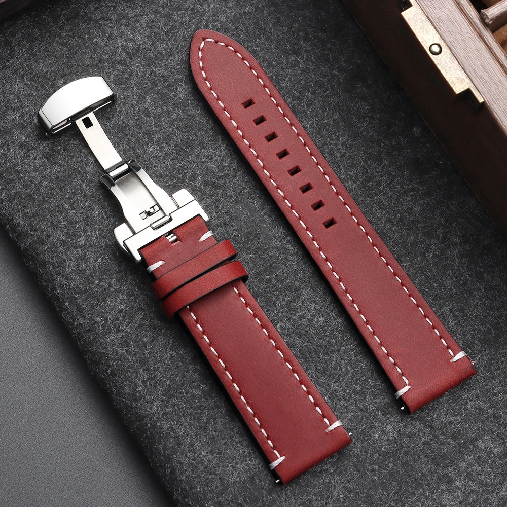 Elegant Butterfly Buckle Genuine Calfskin Leather Watch Strap - Black and Brown Options