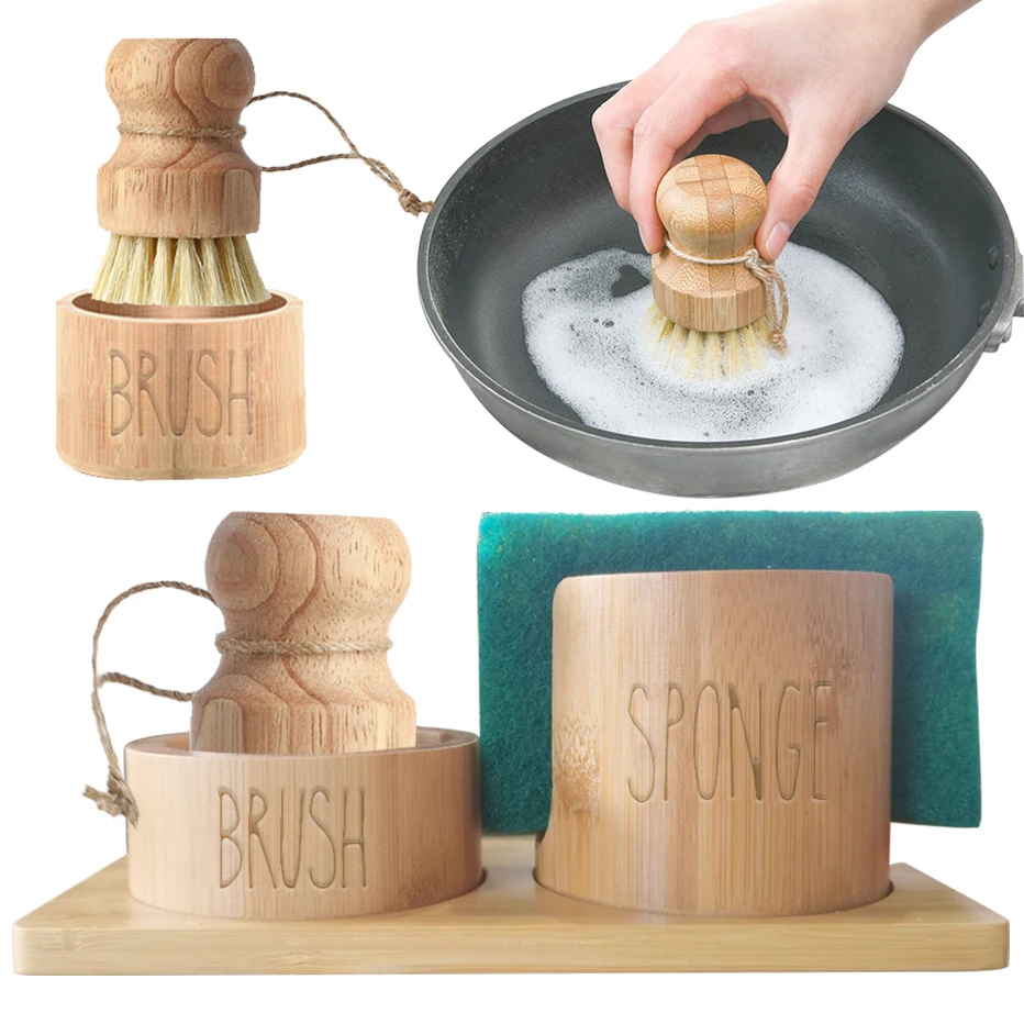 Kitchen Dish Brush Sponge Caddy Holder Set with Tray Farmhouse Home Countertop Dish Brush Rack Kitchen Accessories dishwashing brush