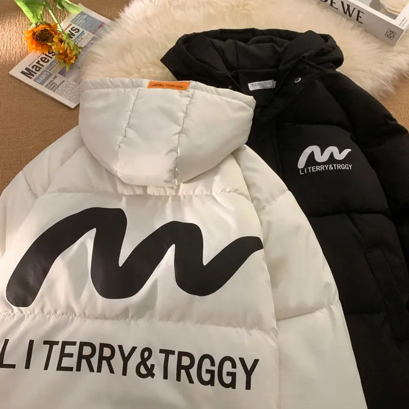 

Back Graphic Printed Hip Hop Brand Letter Jackets Oversized Parkas Coat Winter Thick Cotton Warm Outerwear Men Women Streetwear