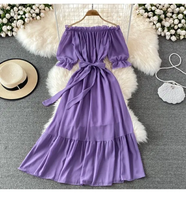 Beach Dress Women Sexy Off The Shoulder Slash Beach Chiffon Dresses Ladies Elegant A Line Bandage Party Dress Long Robe