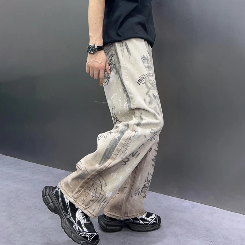 Hip Pop Style Baggy Jeans Wide Leg Pants Casual Graffiti Men's Loosen Jeans Fashion Denim Clothes