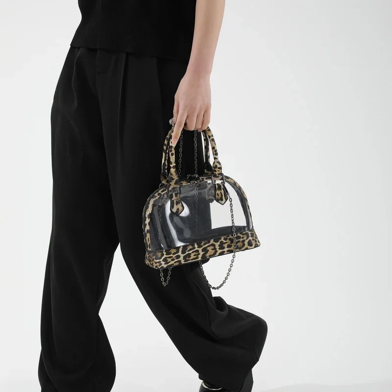 2024 New Shell Handbag Bag For Women Vintage Khaki Leopard Leather Shoulder Bag Female Waterproof Transparent PVC Crossbody Bags