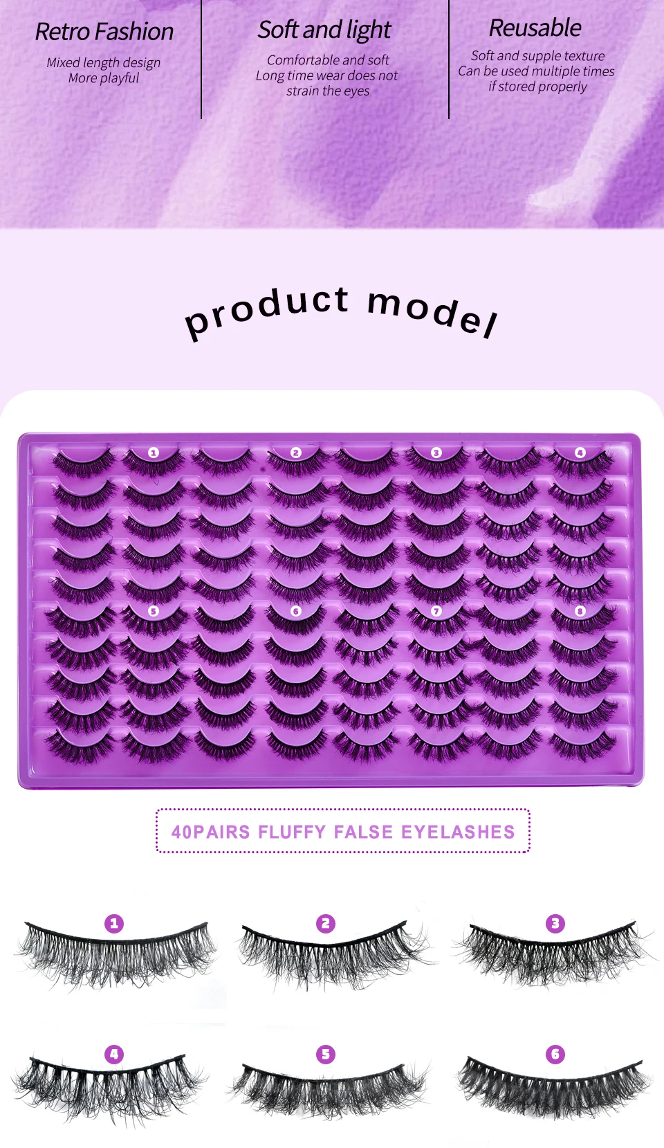Description Picture 4 of item40Pairs Fake Eyelashes Wholesale Bulk Messy Fluffy Faux Mink Lashes Makeup Vendor D Curl Russian Strip Lashes