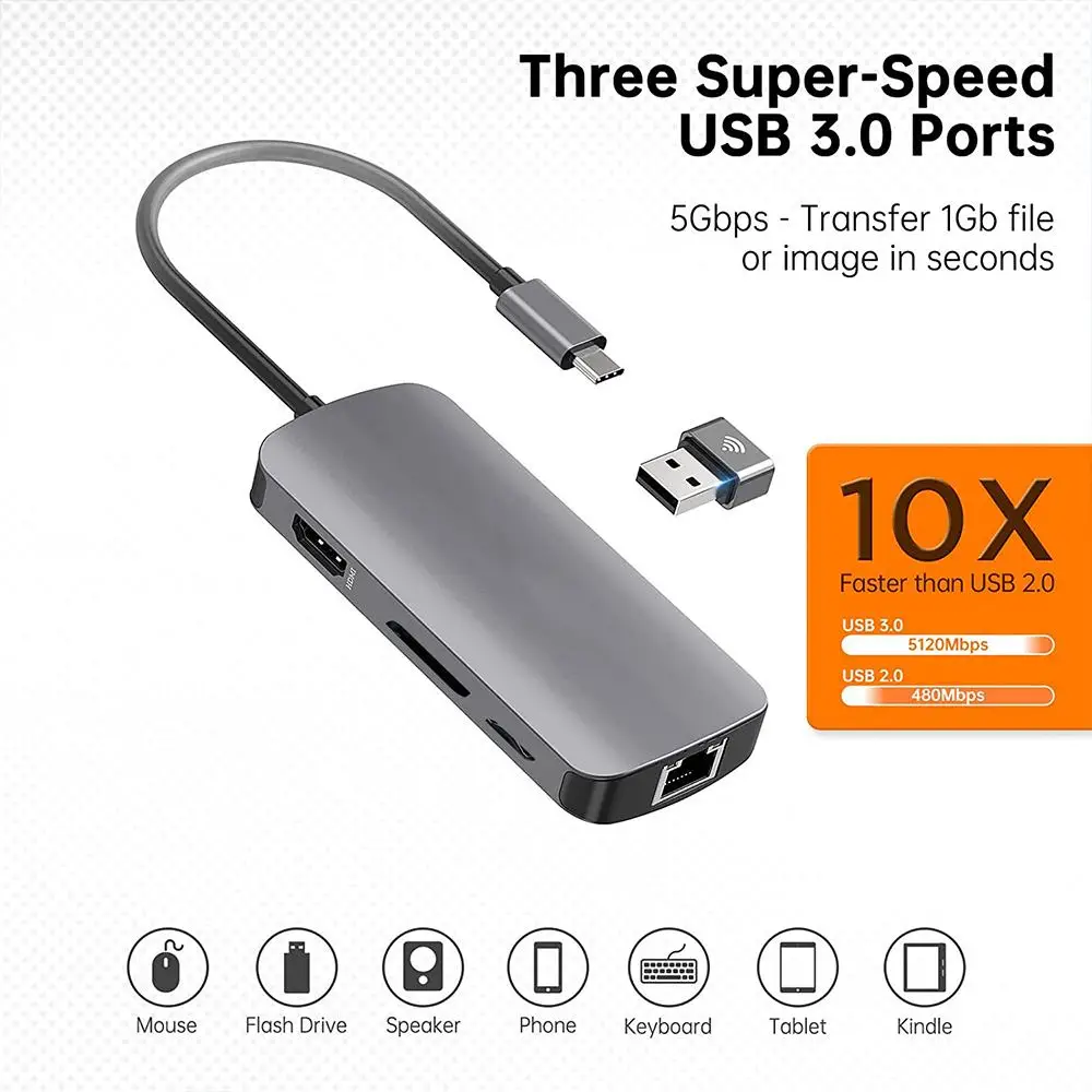 CŸ ŷ ̼, SD/TF ī  , ƼƮ  й , USB 3.0*3 PD100W USB-C, 4K @ 60Hz RJ45, 8 in 1