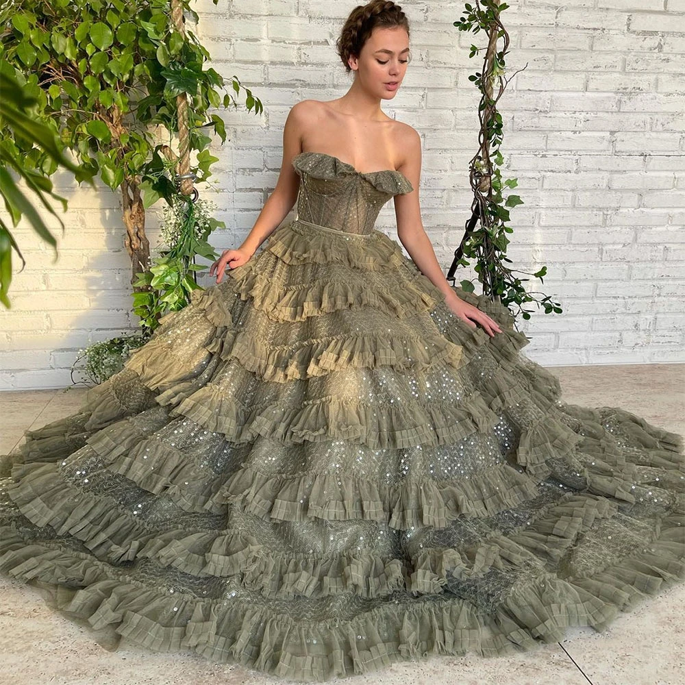 green prom dress Sevintage Gorgeous Green Tiered Tulle Prom Dresses Sequined Sweetheart A-Line Ruffles Pleat Formal Party Dress 2022 Evening Gown ball gown prom dresses