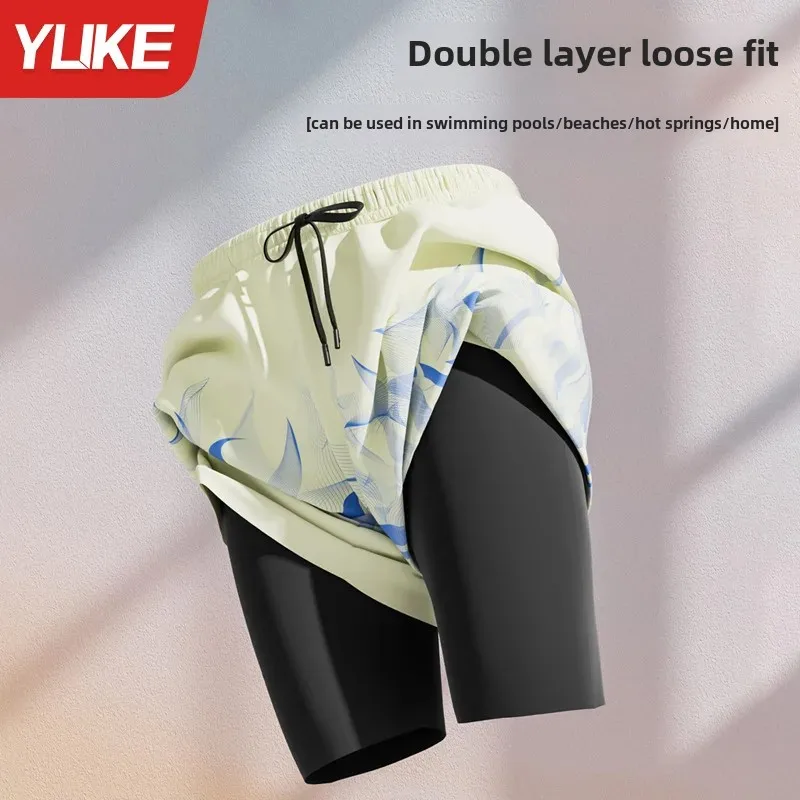Men's Professional Double Layer Quick Dry Swimming Trunks Large Size Anti-Embarrassment Thermal Spa Beach Pants Equipment