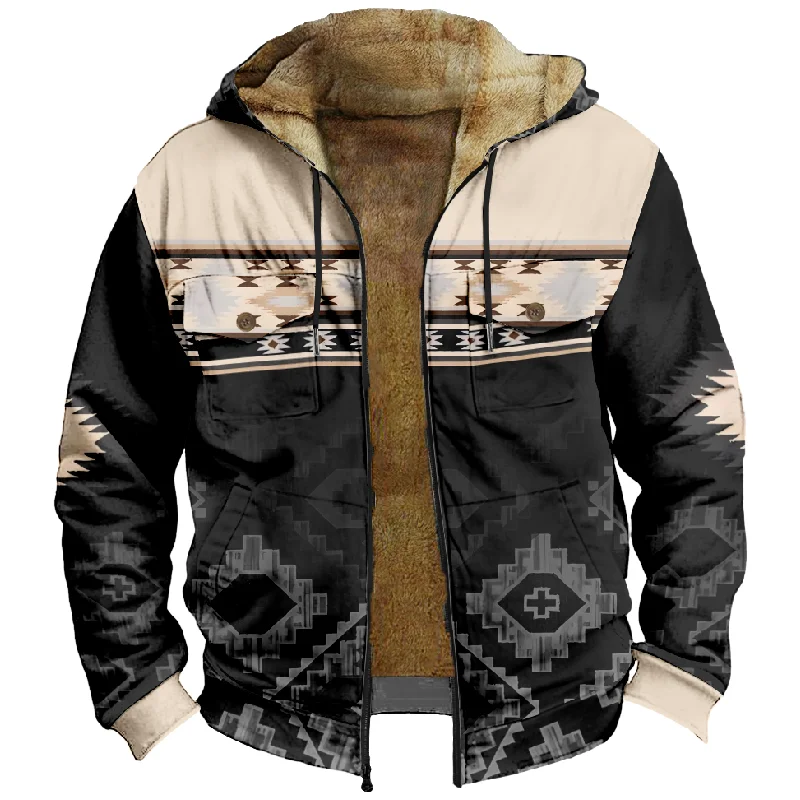 New Creative Cotton Coat Hooded Sweater Casual Print Men's Fur Loop Arctic Velvet Zipper Patch Pocket Hooded Sweater a01