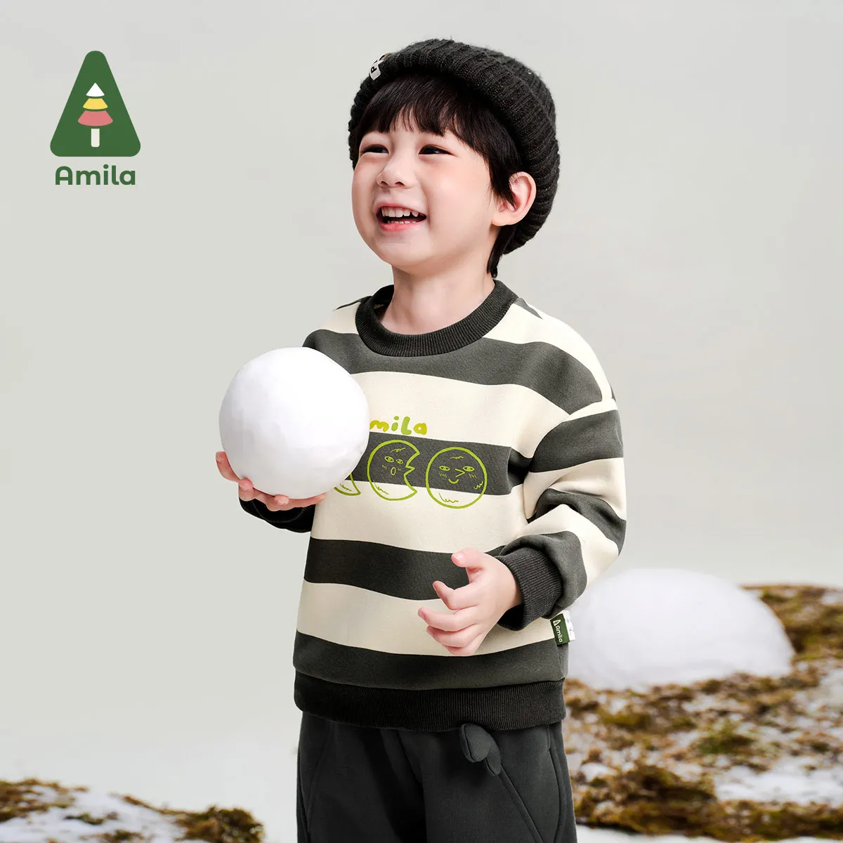 Amila Baby Sweatshirt Winter New High Quality Boys And Girls Striped Plus Velvet Warm Skin-Friendly Loose Children&rsquo;s Tops