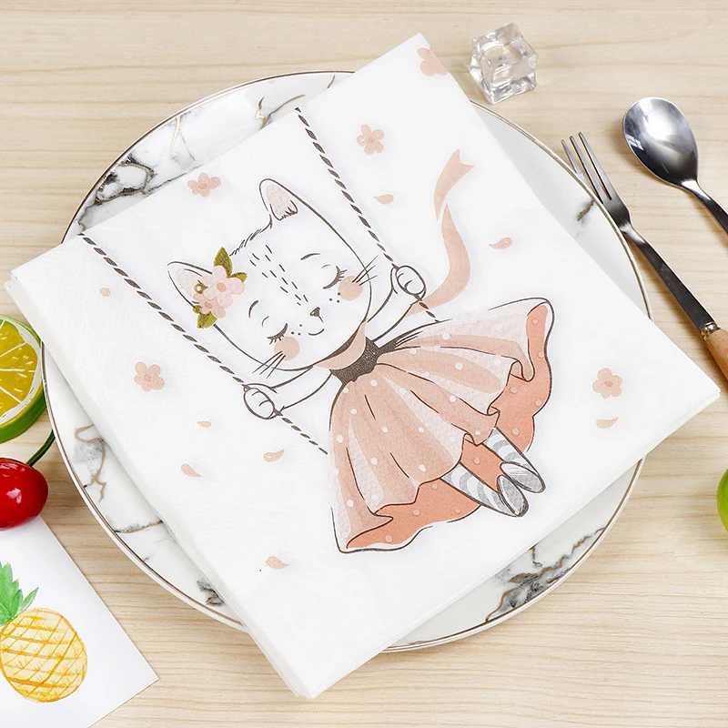 Neue Katze Schaukel Druckpapier Handtücher Cartoon Geburtstags feier bunte Servietten personal isierte Anzieh Papiers ervietten 2-lagige Lebensmittel qualität – Detail 3