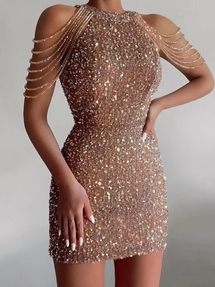 

Champagne Gold Summer 2023 Fashion Halter Neck Sexy Crystal Fringed Tight Sequined Dress Mid-rise Evening Short Dress