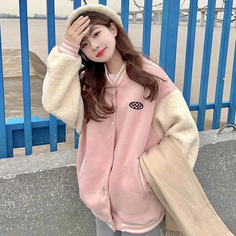 

Deeptown Baseball Jackets Harajuku Varsity Jacket Women Streetwear Y2k Tech Fleece Oversized Button Coats Female Pink Clothes
