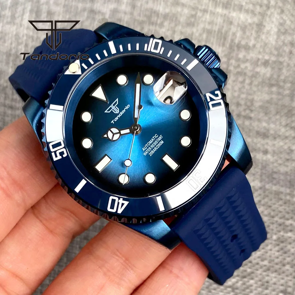 Tandorio Nh35A 40Mm Custodia Con Rivestimento Blu Sunburst Dial Fashion 20Bar Automatic Dive Men Watch Date Sapphire Crystal 120-Click Bezel