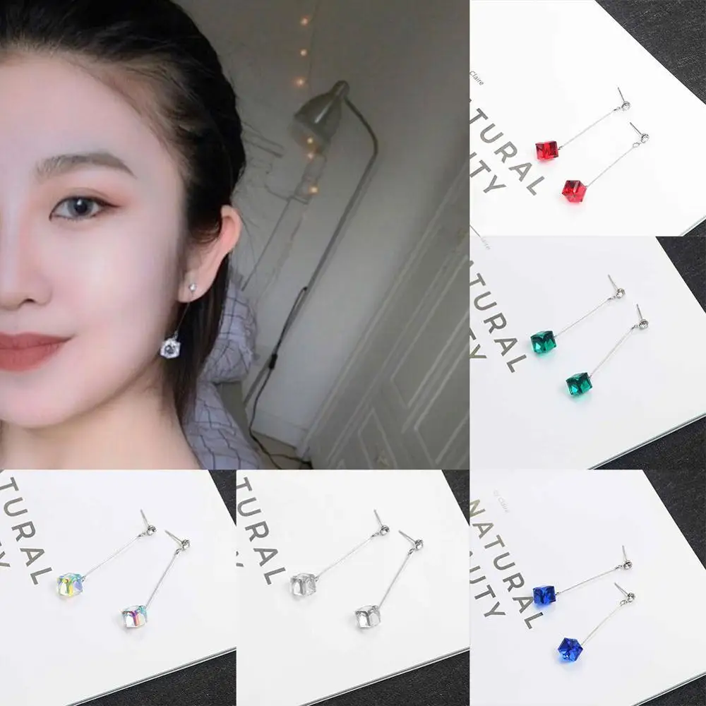 Multicolor Long Drop Cube Crystal Jewelry Dangle Earrings With Stones