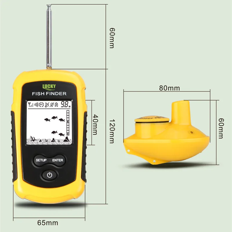 LUCKY FFW1108-1 Portable Fish Finder 400ft (120m) Wireless Working Range 2 Inch Black & White Screen Wireless Echo Sounder
