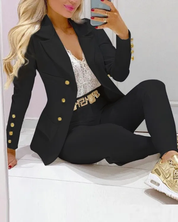 

Fashion Lapel Collar Double Blazer Tailored Pants Set Women 2023 Autumn Office Ladies Long Sleeve Elegant Two Pieces Outfits