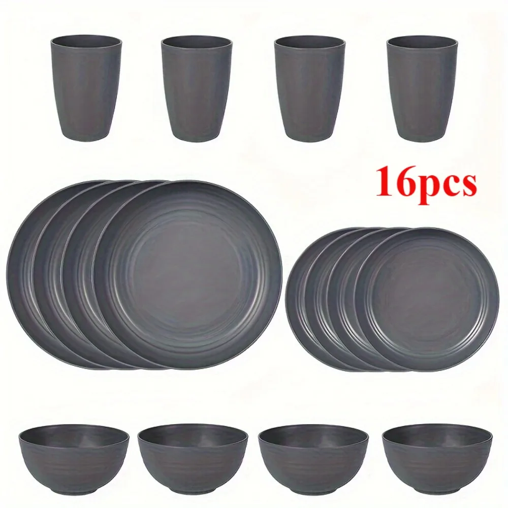 Wheat Straw Dishes Set For 8, Dinnerware Sets 32 Piece, Unbreakable Plates, Bowls, Cups Sets For Kitchen Parties Camping RV - Grey