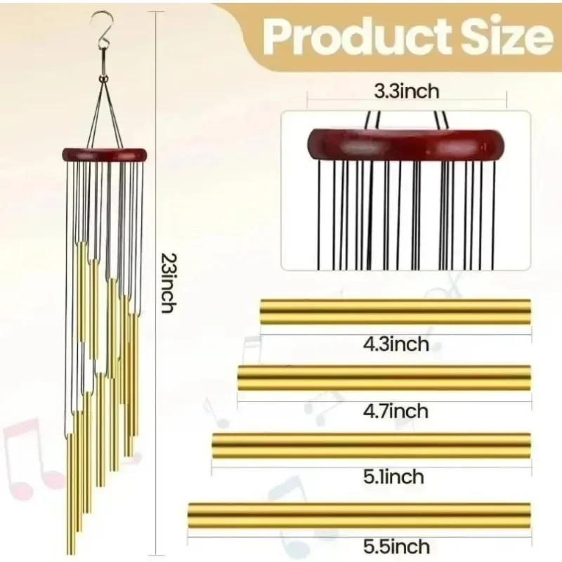 12 Tubes Aluminum Alloy Wind Chimes with Hook Gold/silver Bells for Outside Home Wedding Party Memorial Decoration Gifts