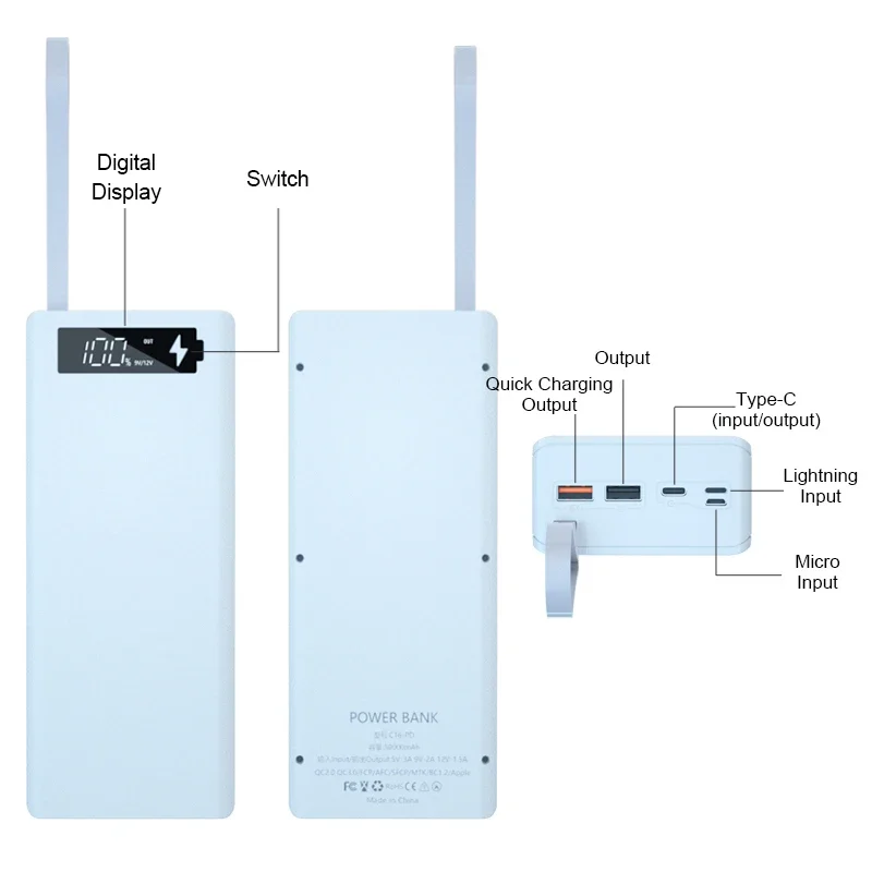 Power Bank Case Battery Charger 16*18650 Detachable Support Quick & Wireless Charging DIY Power Bank Shell without Battery