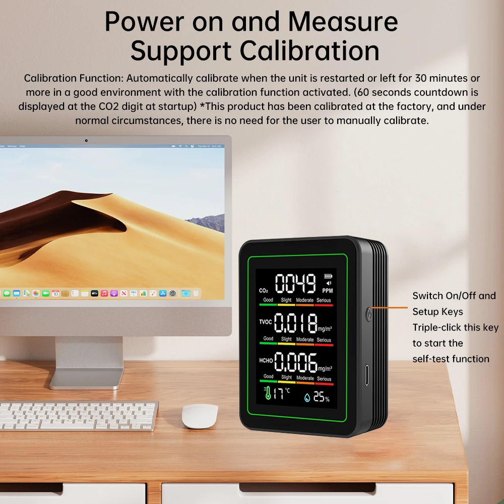 5 in 1 Digital Air Quality Monitor CO2 HCHO TVOC Humidity and Temperature Monitor CO2 Tester LCD  Household Air Quality Tester - 5