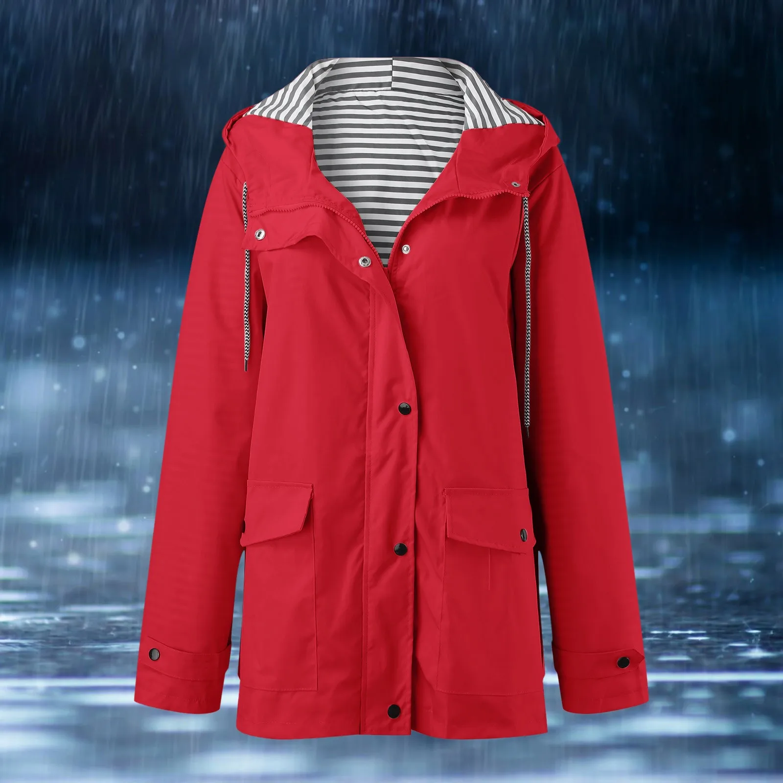 Women's Hoodie Rain Watertight Coat Solid Color Pockets Zipper Jacket Workout Outdoor Windproof Fashion Loose Rain Jacket