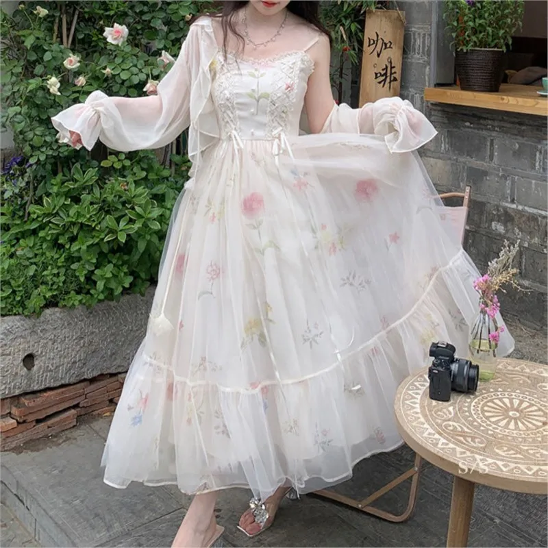 

New Sweet Floral Dress Long Gentle Style Strap Mesh Cardigan Suit