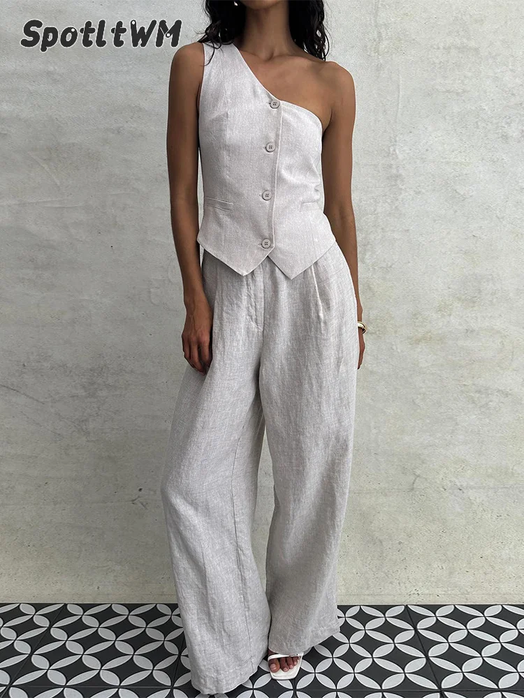 WomenFashionSolidFlaxVestPantsSetsSpringSummerDiagonalCollarWaistcoat2PieceSets