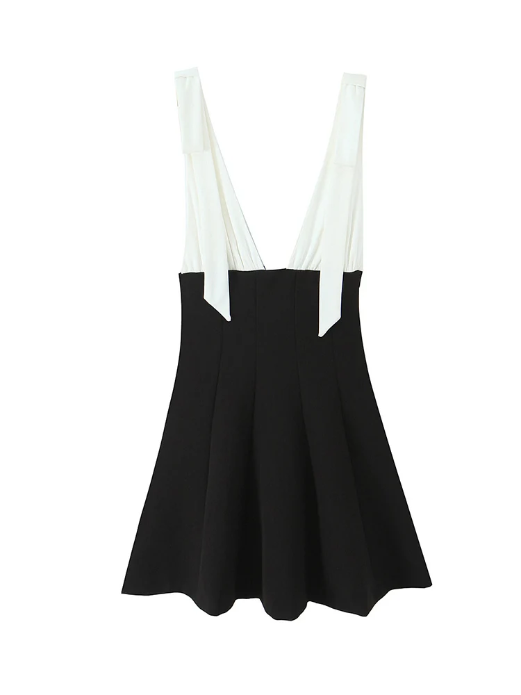 TFMLN Women Black White Contrast Color Dresses 2025 Elegant Bow Sling Mini Dress Sexy Backless Sleeveless A-line Women Clothing