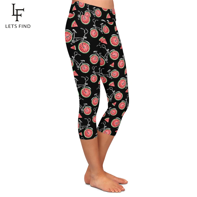 Summer New Design Bicycle with Watermelon Wheels Printing Capri Leggings High Waist Fitness Mid-Calf Women Leggings