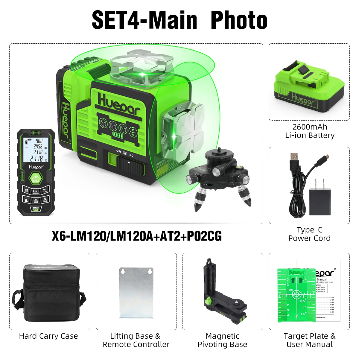 P02CG 8 Lines Laser Level Green Beam Self-Leveling Cross Line 360° Laser Level T