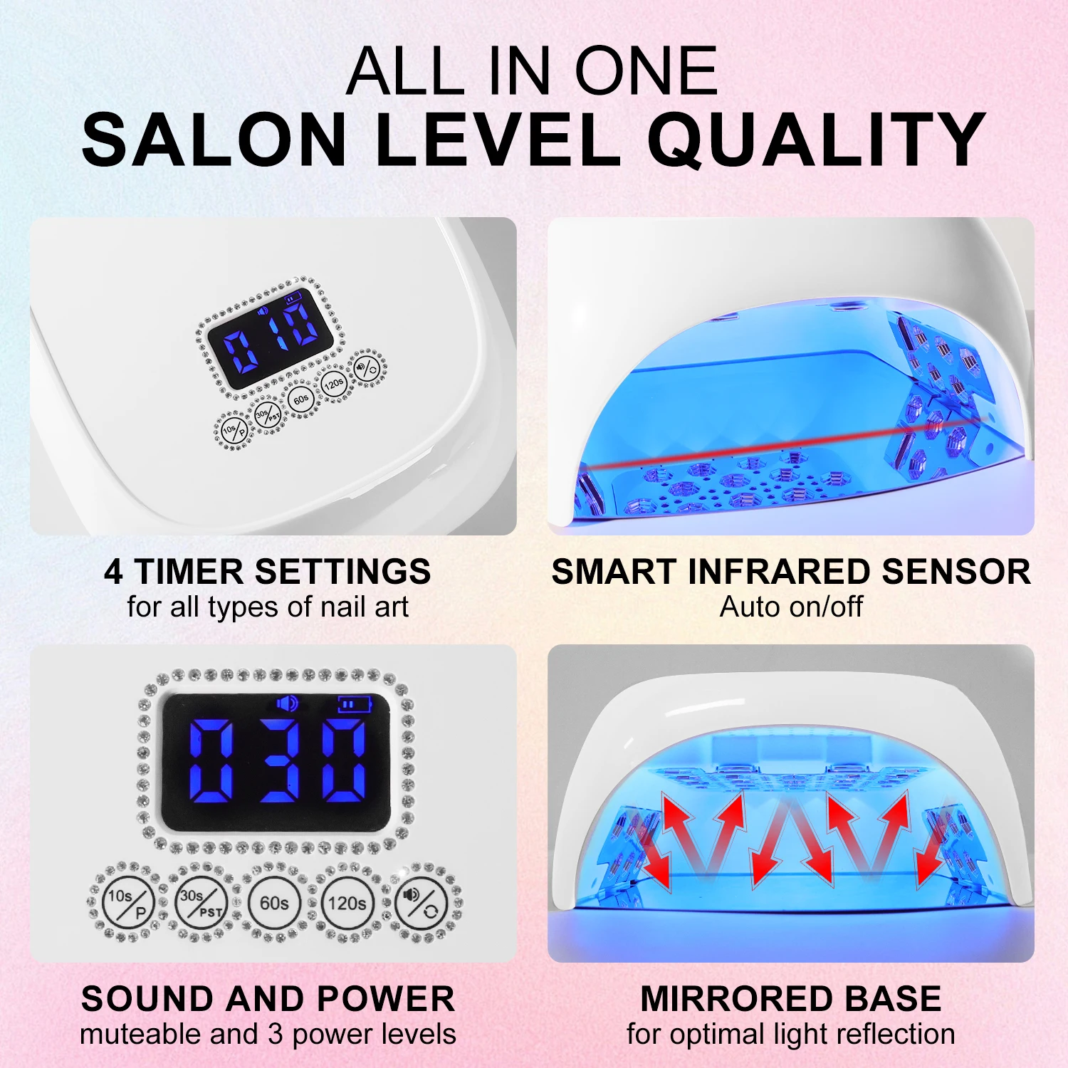전문가용 UV LED 네일 램프 충전식 네일 드라이어 네일 젤 폴리쉬 경화 램프 4단계 타이머 및 자동 센서 내장 네일 살롱 도구