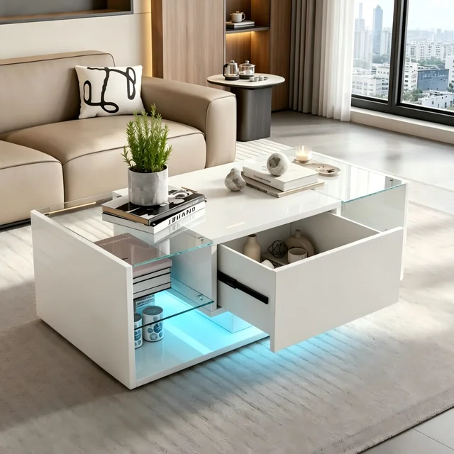 Table basse FANGANGE, table de canapé haute brillance avec éclairage LED, table d'appoint moderne avec étagère ouverte, blanc, noir 1