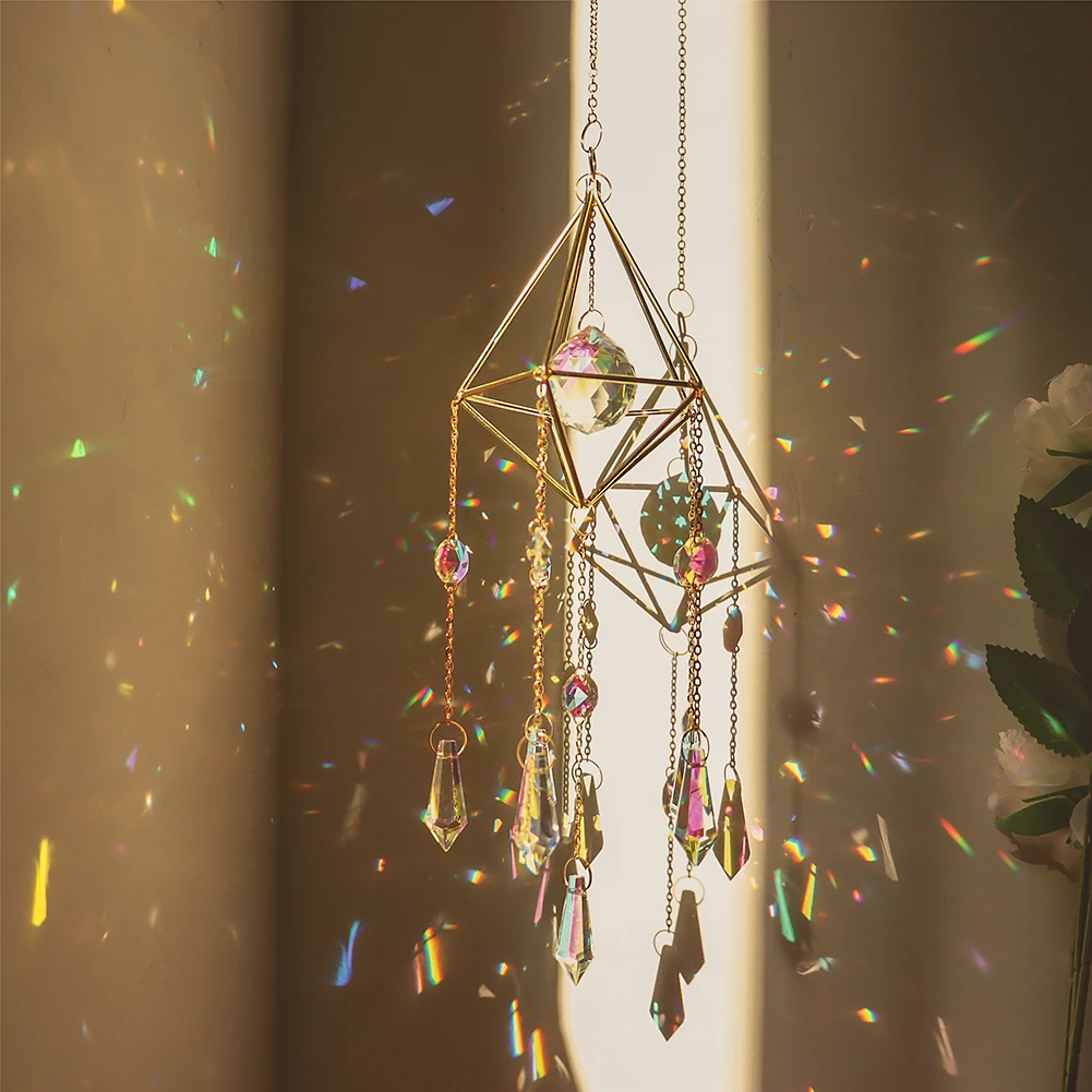 Hanging Sun Catcher Crystal Teardrop Chandelier Wind Chime Prism Suncatcher Rainbow Maker Light Catcher Window Garden Decoration
