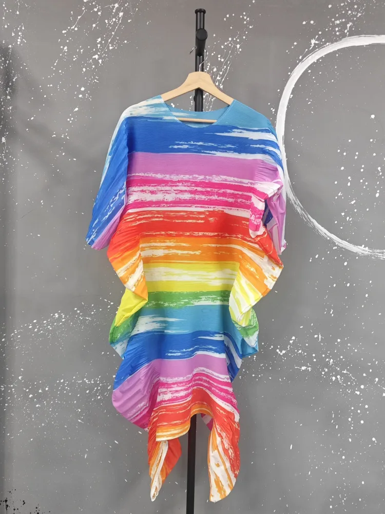 LANMREM Niche Colorful Printting Pleated Dress For Women 2025 New Loose Casual Round Collar Irregular Hem Dresses Chic 2DB2986 - Image 6