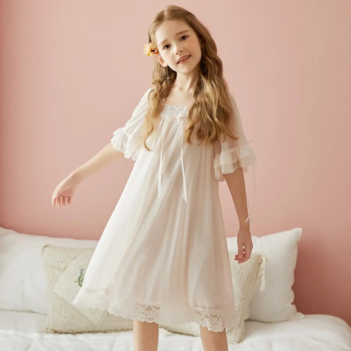 

Princess Palace Pajama Dress Spring/Summer Short Sleeve Long Home Fury Girl's Lace Mesh Modal Parent Child Pajamas