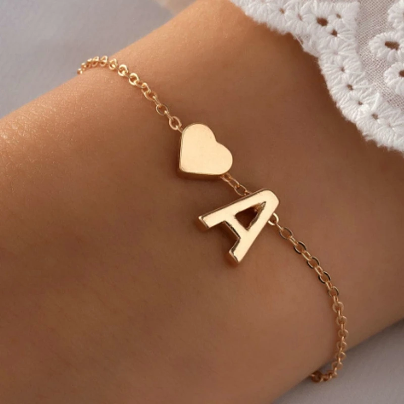 English Initial Letter Heart Bracelet With Heart Pendant Fashion DIY Personalized Bracelets Girls Women Anniversary Jewelry Gift