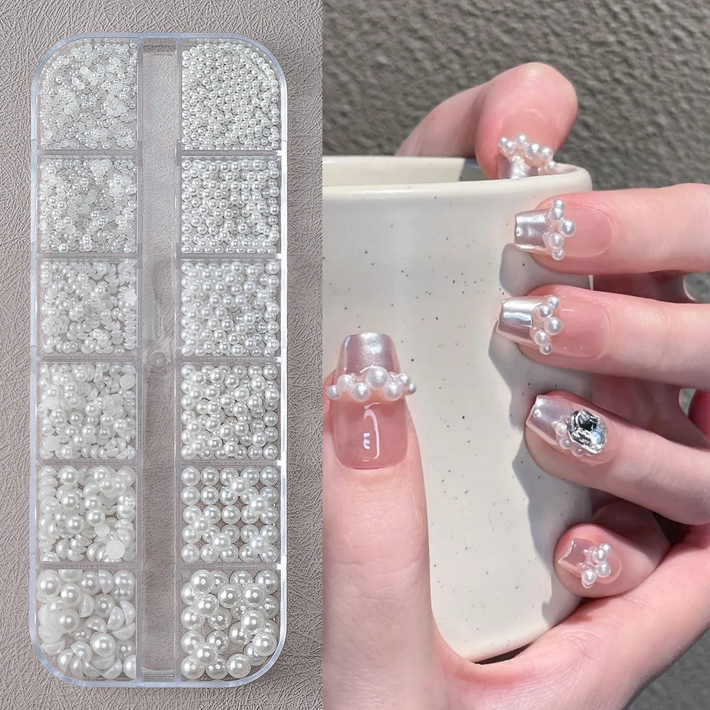 Round White Pearls Nail Beads Nail Charms 12 grids (0.15-0.5cm) Caviar Beads Nail Jewels Half Round Pearl Gems DIY Nail Art Deco 3