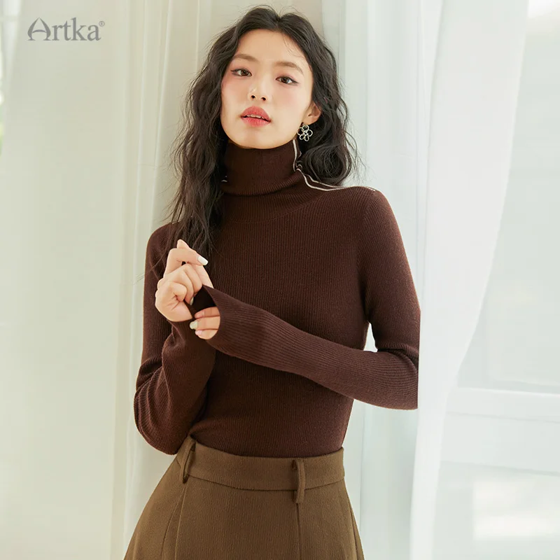 

ARTKA 2023 Winter New Women Knitwear 3 Color Elegant Simple Slim Knitted Sweater Turtleneck Soft 100% Wool Knitwear Top ZB92337Q