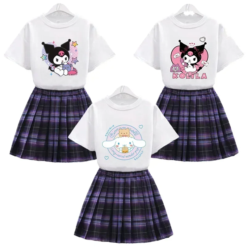 

Sanrioed Cartoon Cinnamoroll Kuromi Girls' Cotton Short Sleeved Top JK Pleated Skirt Set Kawaii Summer Sweet T-shirt Short Skirt