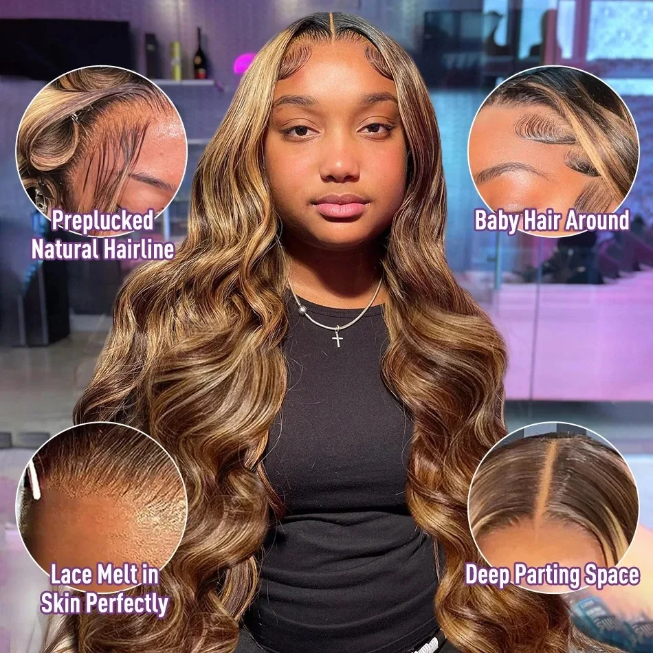 30 Inch Colored Highlight Human Hair Wigs Body Wave Lace Front Wig For Women Brazilian Pre Plucked 13x4 Transparent Hair Wigs 3