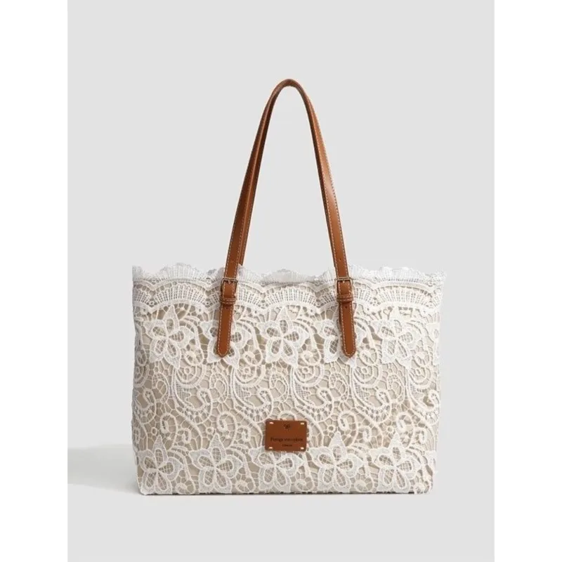 JIAERDI Fairycore Aesthetic Lace Shoulder Bags Women Retro Large Capacity Beige Handbag Wallet Gentle Vintage Underarm Bag 2025