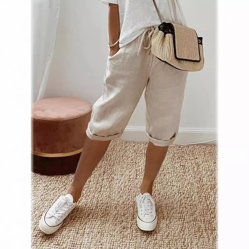 Women's Cotton and Linen Pocket Elastic Casual Pants Women's Pants Quarter Pants