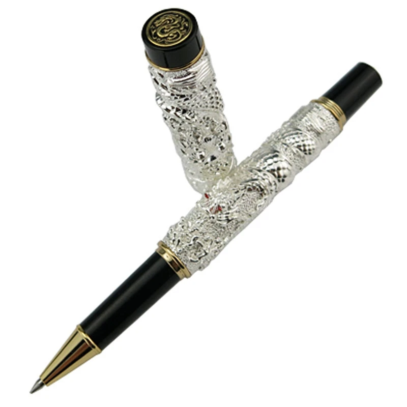 

Jinhao Silver Double Dragon Playing Pearl Embossing Metal Roller Ball Pen Gold Trim Profesional