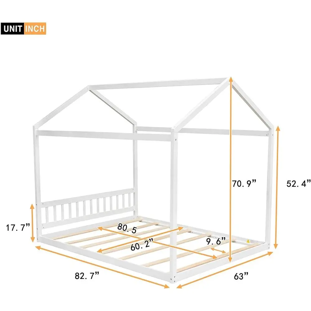 Queen Size Wooden House Bed Frame Kids Floor Bed with Headboard Roof Slats Support Children's Imaginative Play Durable Design 3
