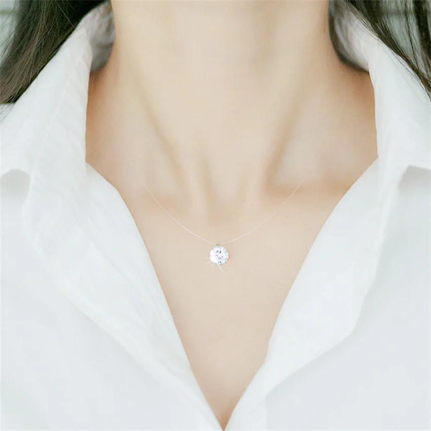 Silver necklace moissanite necklace Tbestone 1ct Moissanite Diamond S925 Sterling Silver Invisible Transparent Fishing Line Clavicle Chain Necklace Women's Jewelry