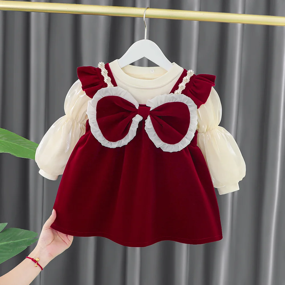 

Baby Long Sleeve Clothes Set Outfits New Velvet Princess Dress 0-4years Children's Winter Red Suit New Year Christmas Wear