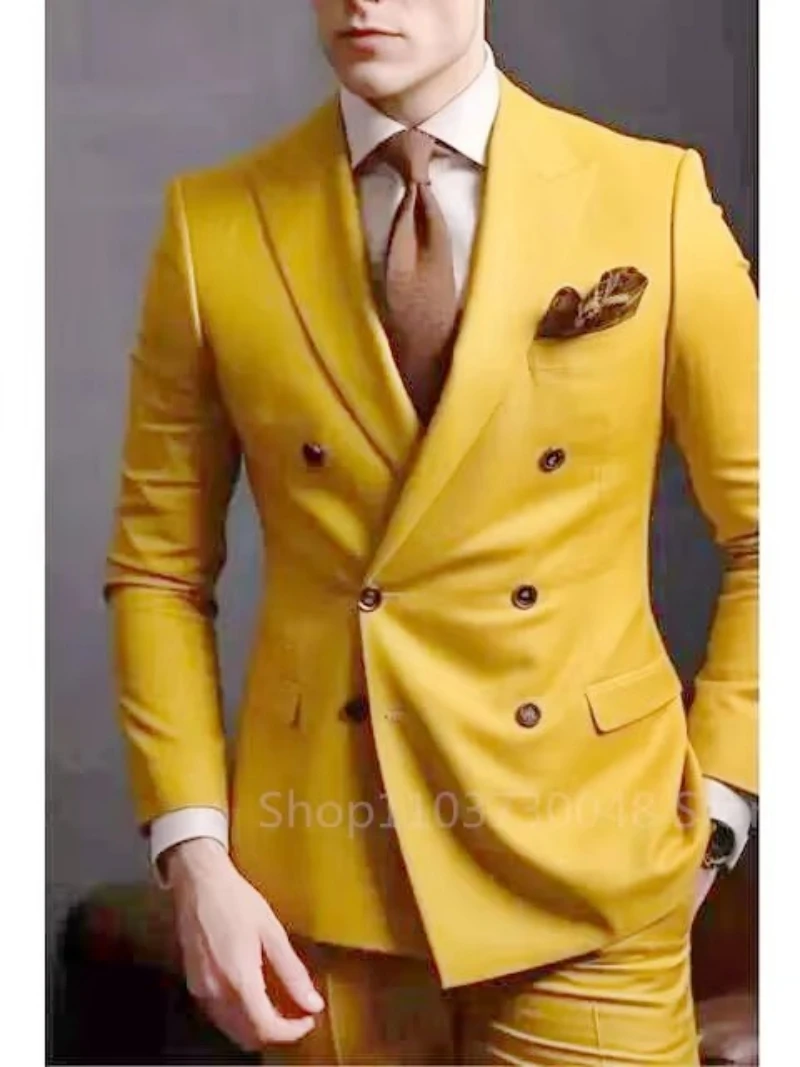 Men's Solid Formal Business Wedding Groom Suits 2-Piece Set Peak Lapel Double Breasted Blazer Trousers Set for Party Prom