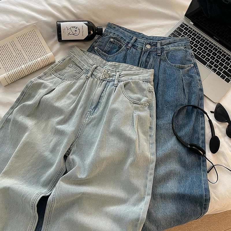 그라디언트 세척 느슨한 슬리밍 청바지 2023 가을 새로운 한국 스타일 여성 의류 높은 허리 홍콩 스타일 넓은 다리 바지 패션 