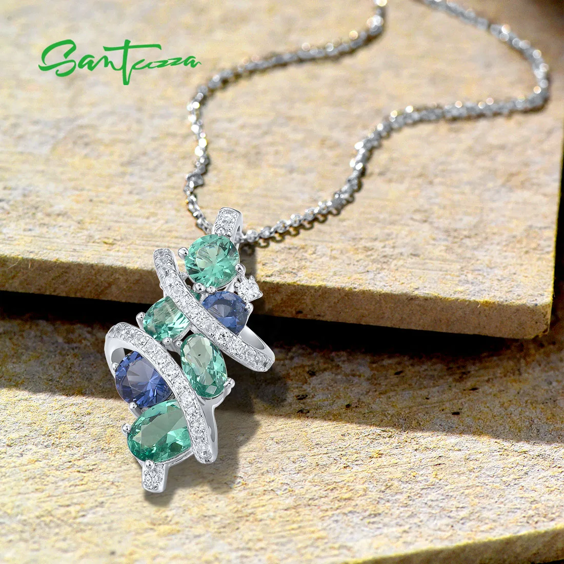 Pure 925 Sterling Silver Pendant For Women Sparkling Green Blue Spinel White CZ Pendant